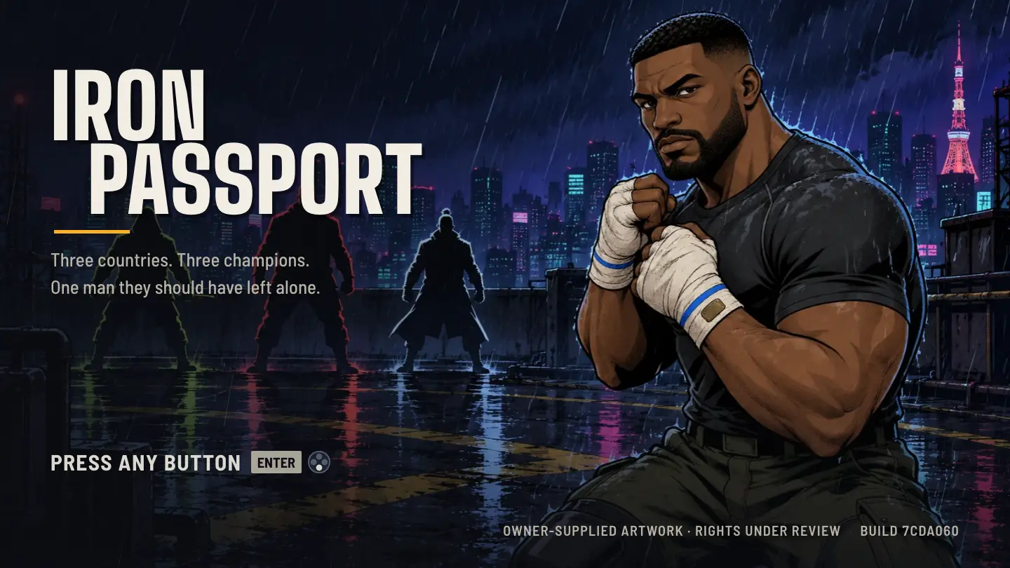Iron Passport title screen: a boxer with wrapped hands in front of a rainy neon city