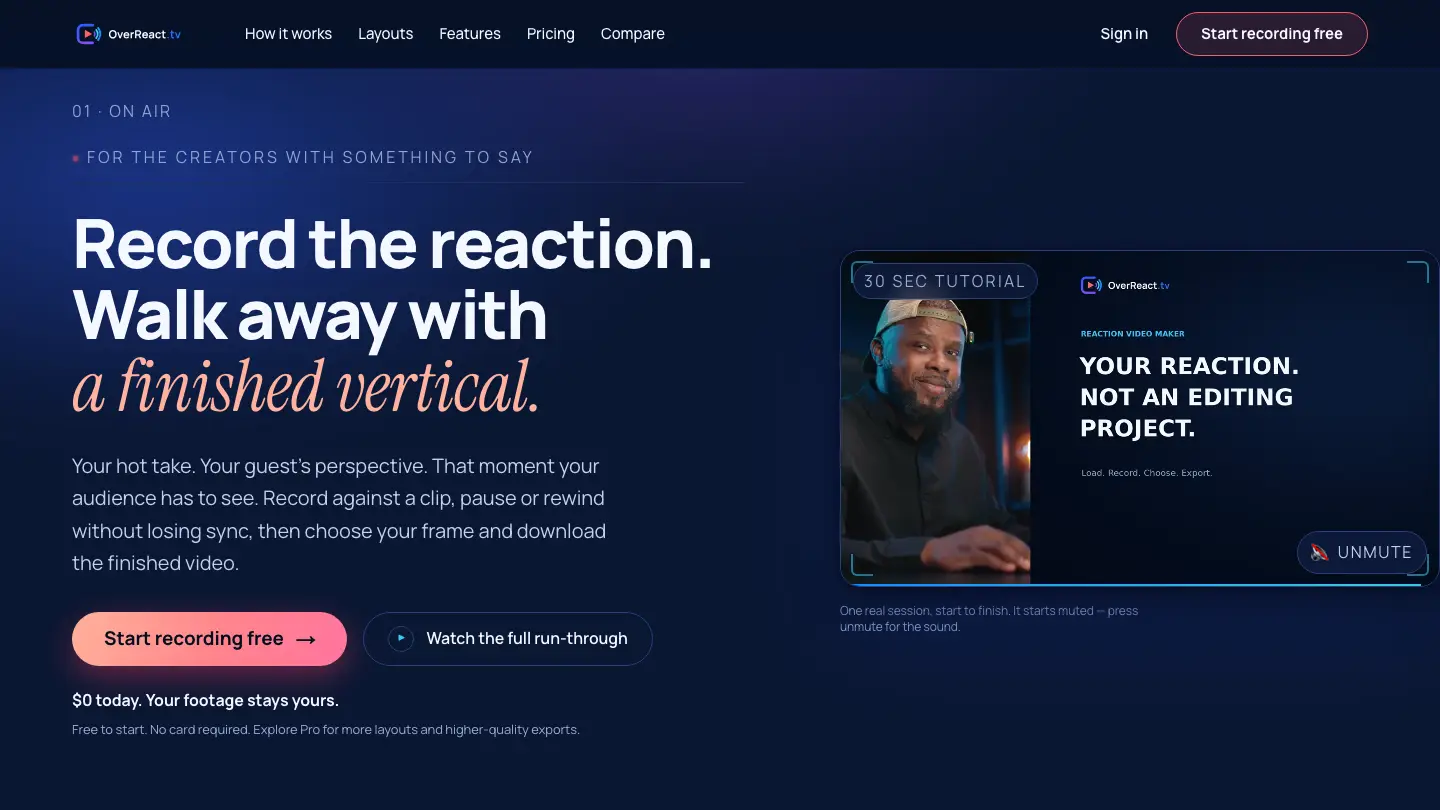 The OverReact studio page: Record the reaction, walk away with a finished vertical